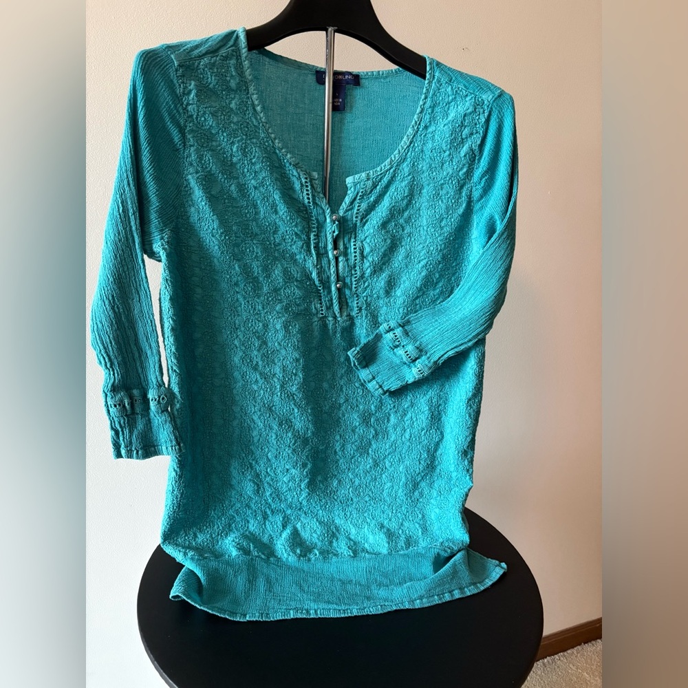 Bandolino Jeans, Crinkle Boho Teal Women's Tunic Top. Ruffle Sleeves Sz L